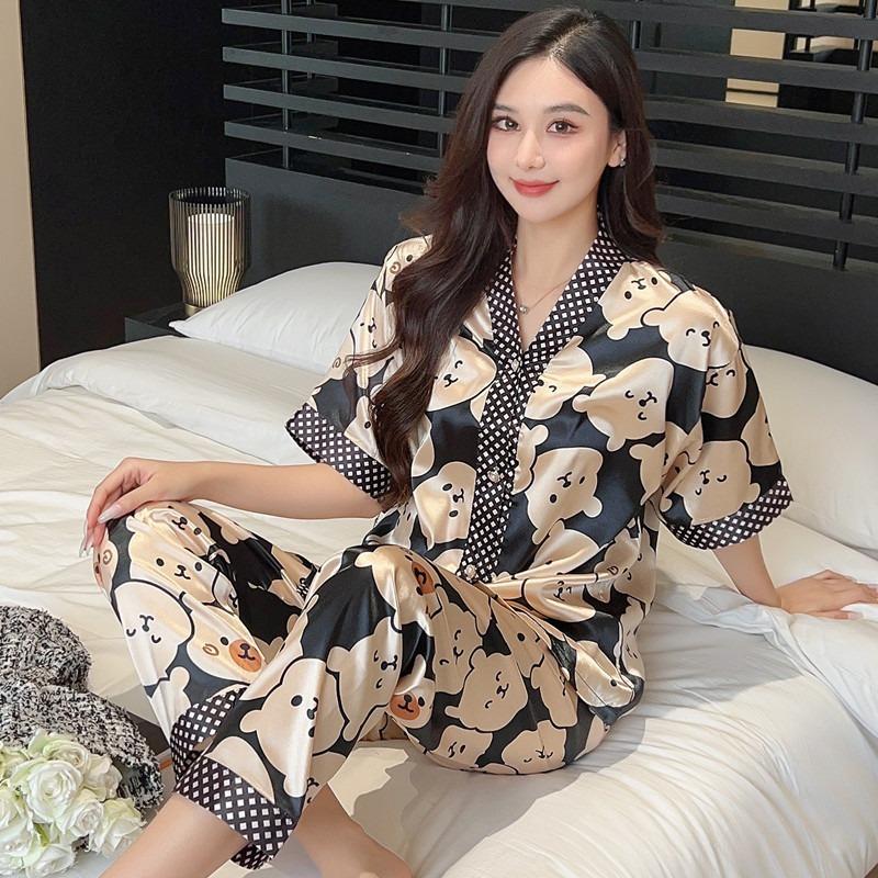 Women Pajamas Set Silk Nightwear Ladies Summer Kimono Short Sleeve Trousers Cartoon Cardigan Premium Sleepwear Loungewear