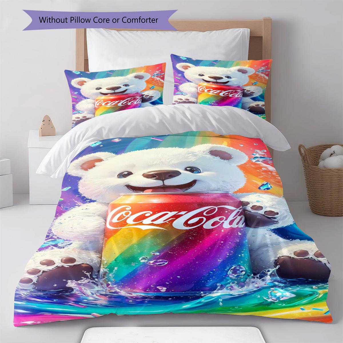 

Coca-Cola Polar Bear Rainbow Print 3PCS Bedding Set, Duvet Cover with Pillowcases, No Comforter Included 135x200cm