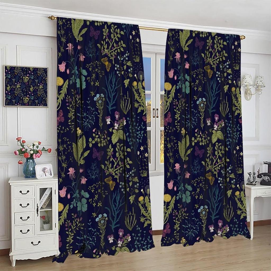 Rustic Farmhouse Plant Floral Blackout Curtains, Watercolor Flowers Botanical Butterfly Window Drapes Treatment, for Bedroom Liv