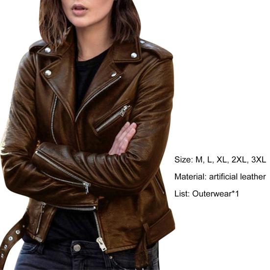 Women Jacket Solid Color Turndown Collar Autumn Winter Long Sleeve Zipper Coat with Belt for Riding