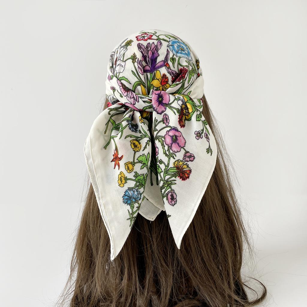 Light Luxury Retro Flower Printing Silk Hair Soft Feel Headscarf Scarf Silk Scarf Spring and Autumn Women Chinese Square Scarf