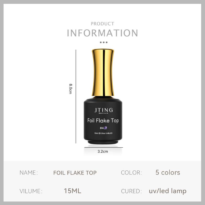 JTING New Popular Design Vegan Hema Free High Pigment Foil Flake Top Coat Gel Polish OEM Custom Unique Brand Bottles