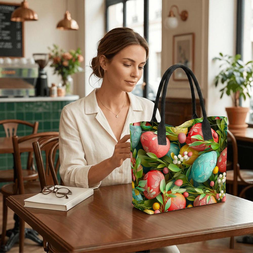 Easter Egg Print Tote Bag Casual Portable Large Capacity Shoulder Handbag for Holiday Shopping