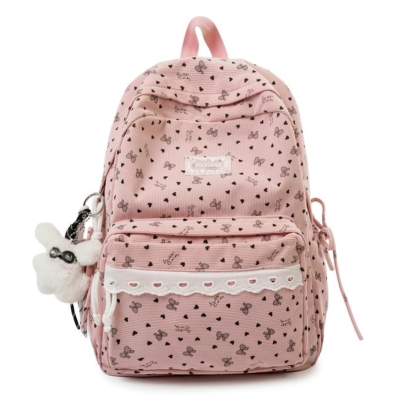 College Style Bow Print Schoolbag Women's Corduroy Backpack Large Capacity Student Backpack