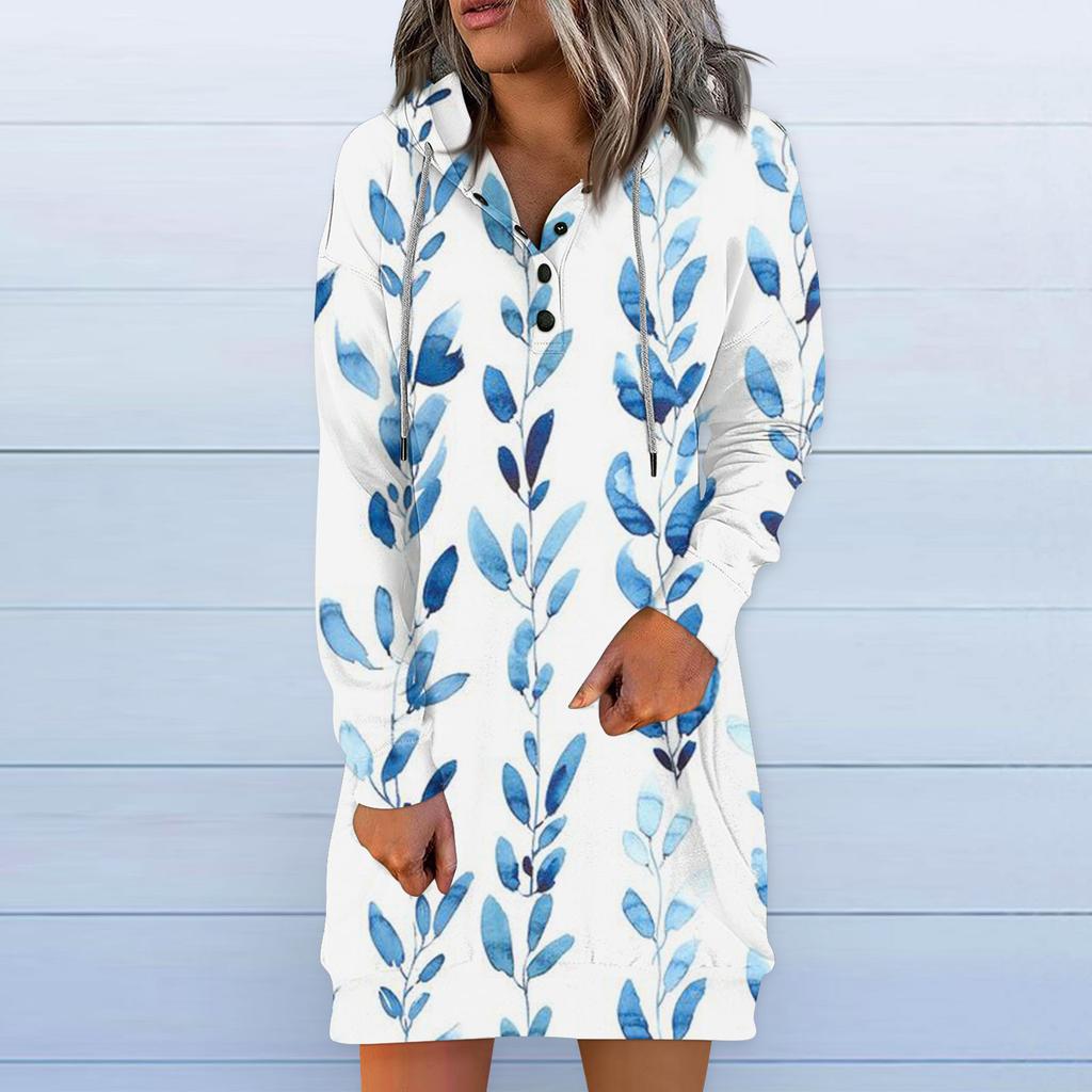 Damen Casual Hoodie Langarm Kordelzug Pullover Vintage Print Kleid