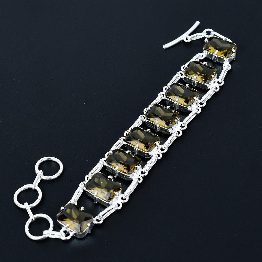 Faceted Smoky Quartz Bracelet 925 Sterling Silver Jewelry Adjustable Chain Bracelet Cushion Shape Gemstone Handmade Jewelry Gift For Her