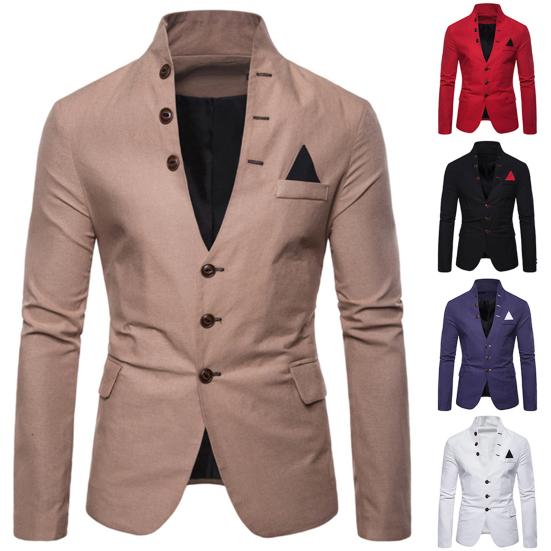 Herren Langarm Stehkragen Smoking Anzug Blazer 3 Knopf Tasche Slim Jacke Mantel