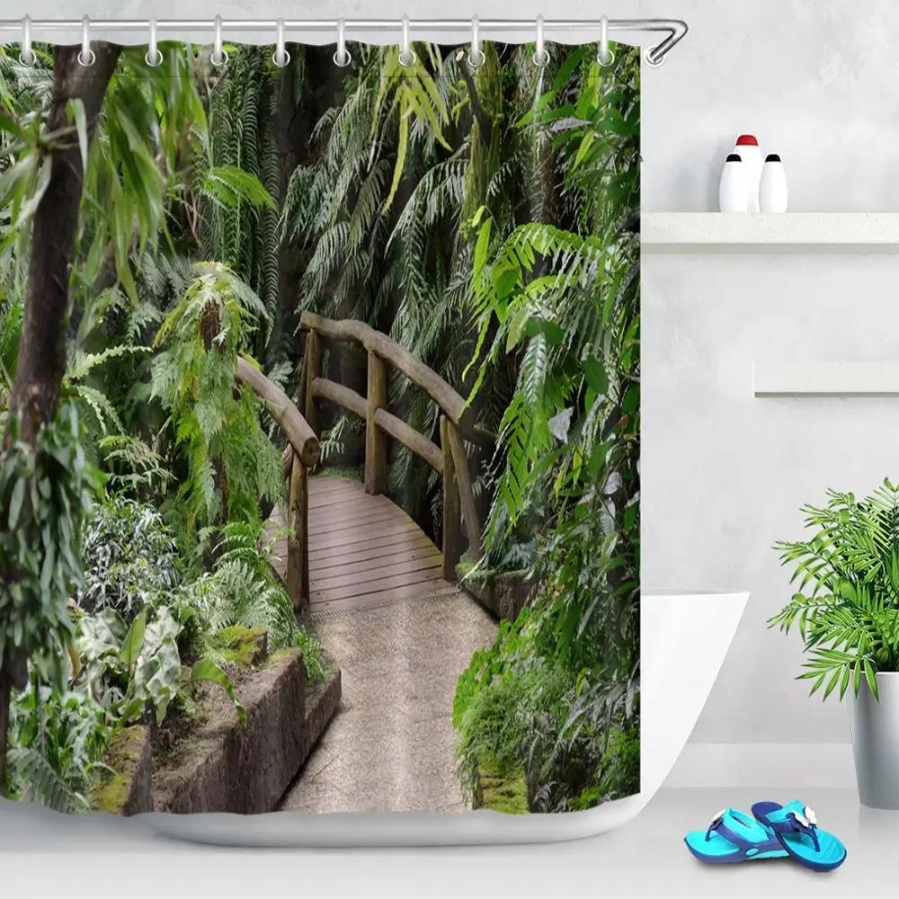 Park Garden Tree Flower Pond Nature Landscape Shower Curtain Bathroom Polyester Waterproof Fabric Curtains Home Bathtub Decor