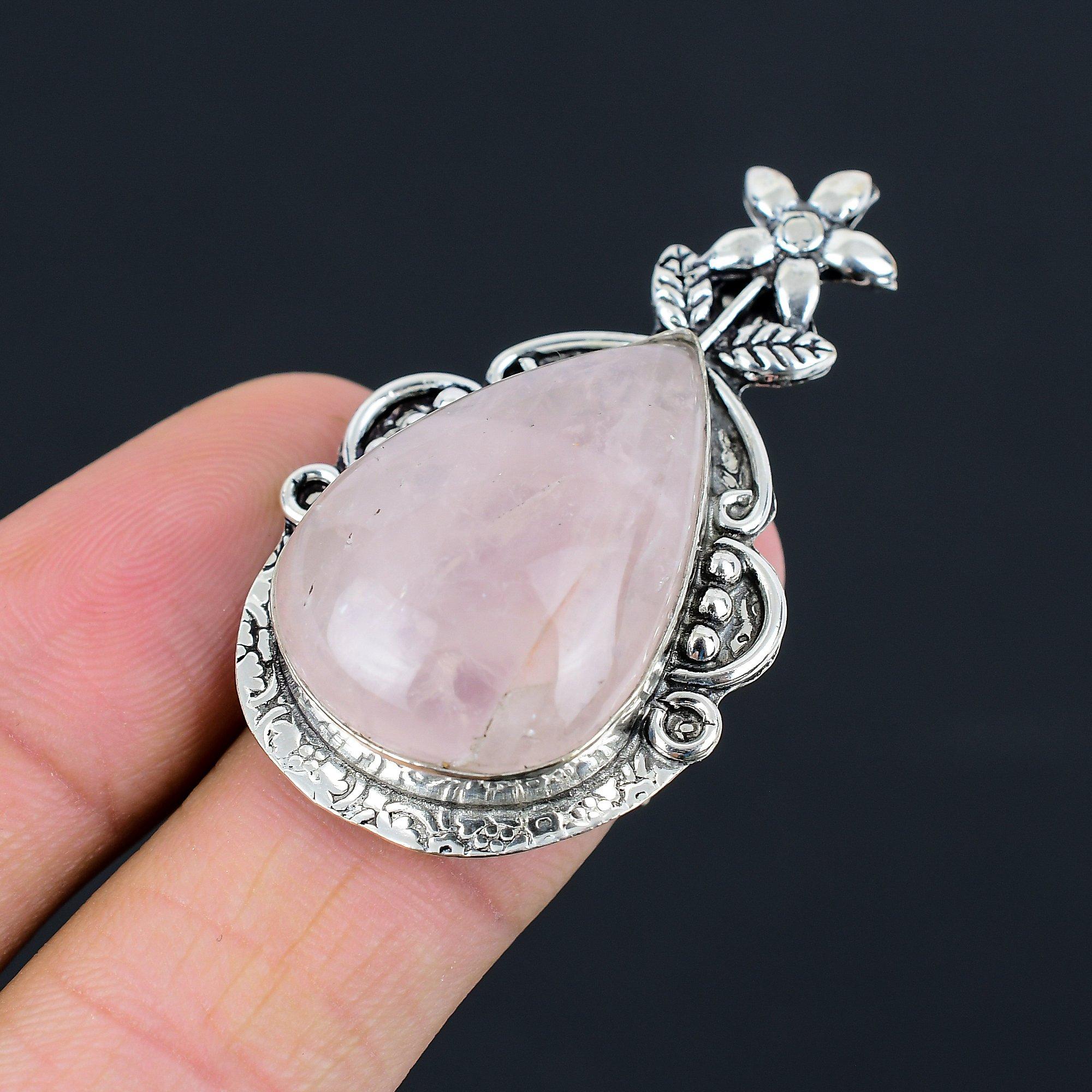 Mothers day Sale Rose Quartz Stone Sterling Silver Flower Ring Jewelry US 6.5 6.5