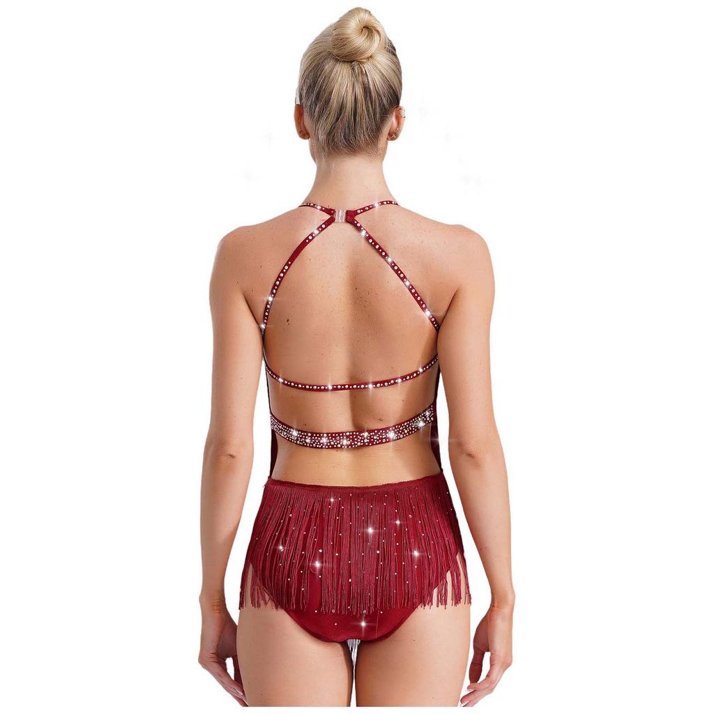 Womens Latin Dance Leotard Halter Neck Backless Design Rhinestone and Tassel Embellishments for Competitions and Shows