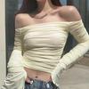 Mesh Patchwork Women Long Sleeve Crop T Shirt Ruched Off Shoulder BodycDF-1299-Black-Son Sexy Elegant Streetwear 2024 Spring Summer