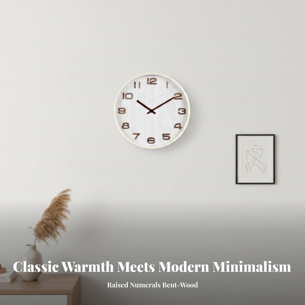 Round Wall Clock with Wood Frame Long-Lasting Quartz Glass Front
