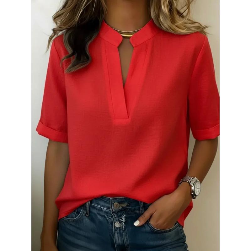 TIFICY Women's Fashion Casual Summer Spring Solid Color Print Short Sleeve V-Neck Blouses & Shirts