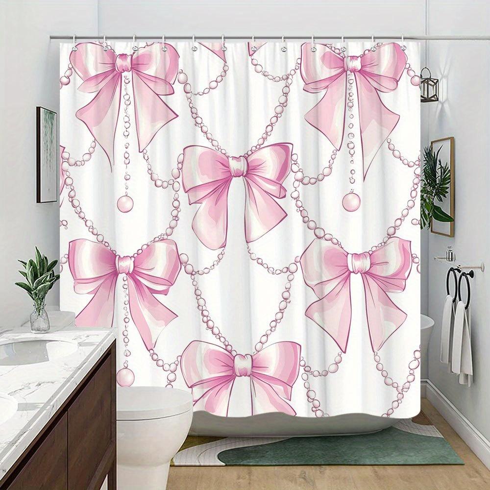 1 Elegant Pink Satin Bow Shower Curtain with Pearls, White Background, with Hooks, Machine Washable Polyester
