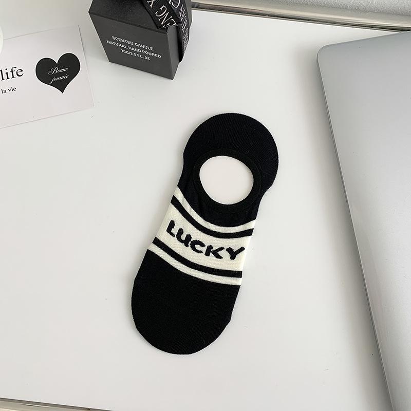 Striped Polka Dot Socks, Women's Short Socks, Spring and Summer, Thin and Cute Cartoon Dog, Low-top Shallow Black and White Boat Socks