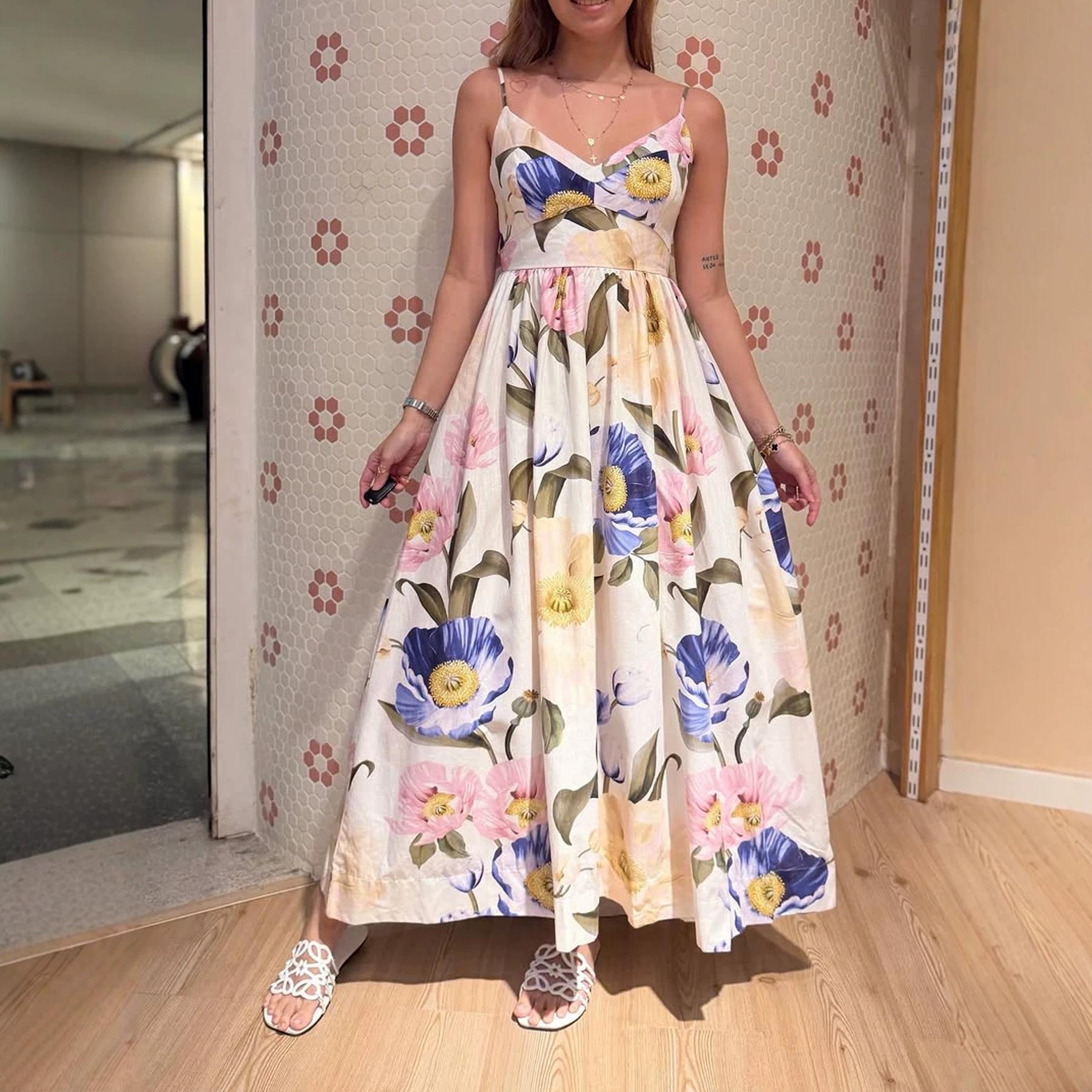 Women Elegant Vacation Style Floral Print Lace Up Sleeveless Long Dress S