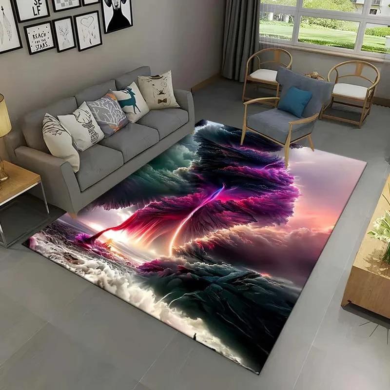 Rainbow Purple Fantasy Cloudscape Rug, Vibrant Art Style Home Decor Carpet for Living Area with Intense Sky Charm