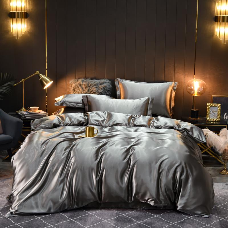Solid Satin Bedding Set Soft Smooth Duvet Cover Sheet Pillowcase For Twin Full Queen King Size Beds