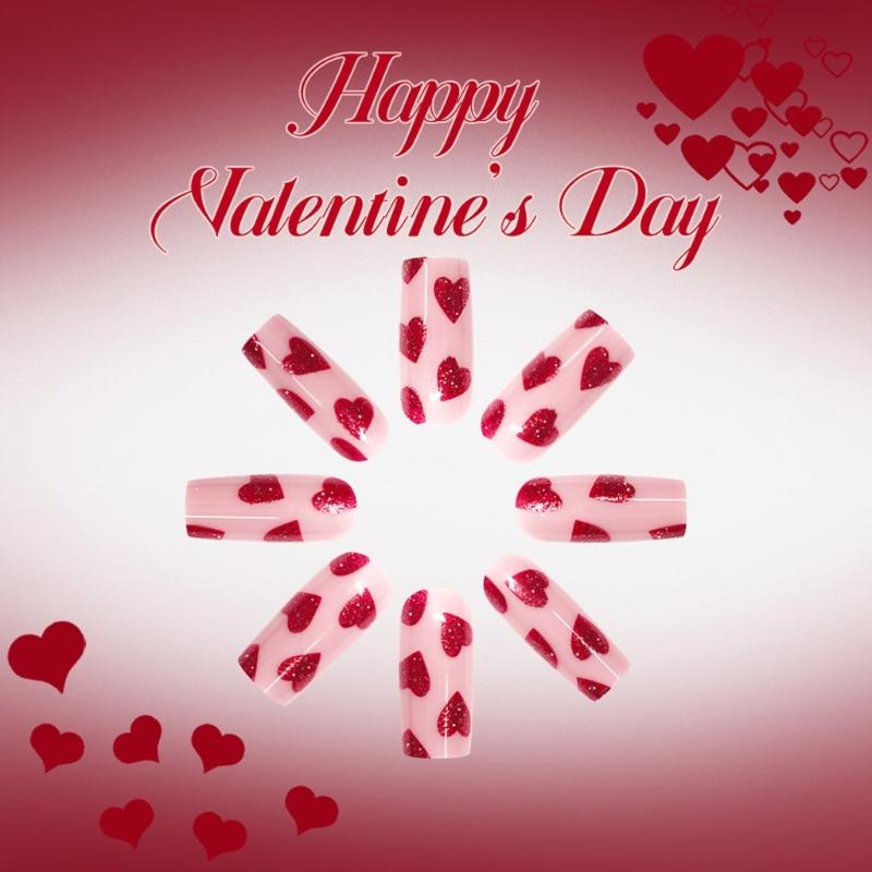 24PCS Shimmering Red Heart Press On Nail Medium Coffin Glossy Finish ABS Material Valentines Party Essential