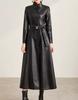 Elegante Casaco Trench Longo Feminino Casual Formal Feito à Mão em Couro de Pele de Cordeiro Genuíno