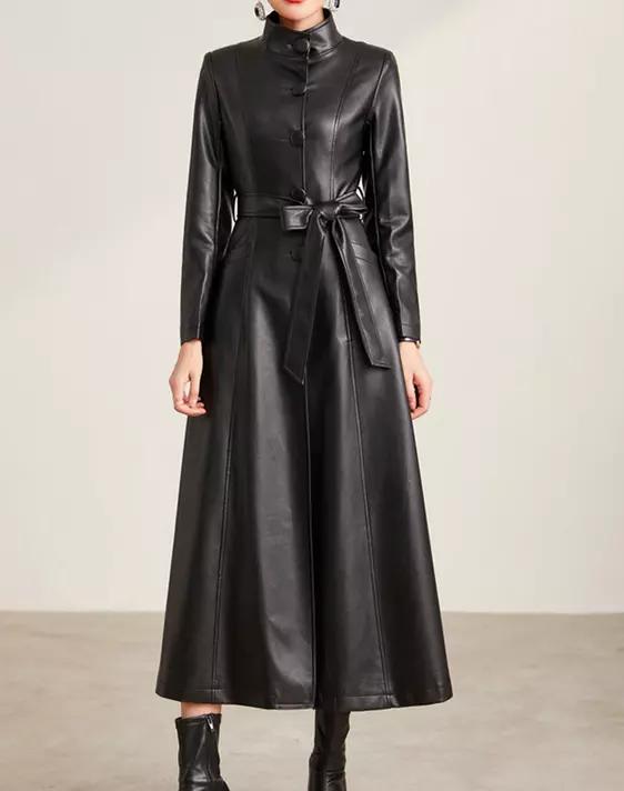 Elegante Casaco Trench Longo Feminino Casual Formal Feito à Mão em Couro de Pele de Cordeiro Genuíno