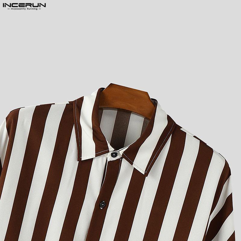 INCERUN Oversized Men Casual Lapel Neck Drop Shoulder Long Sleeve Striped Buttons Shirts Tops