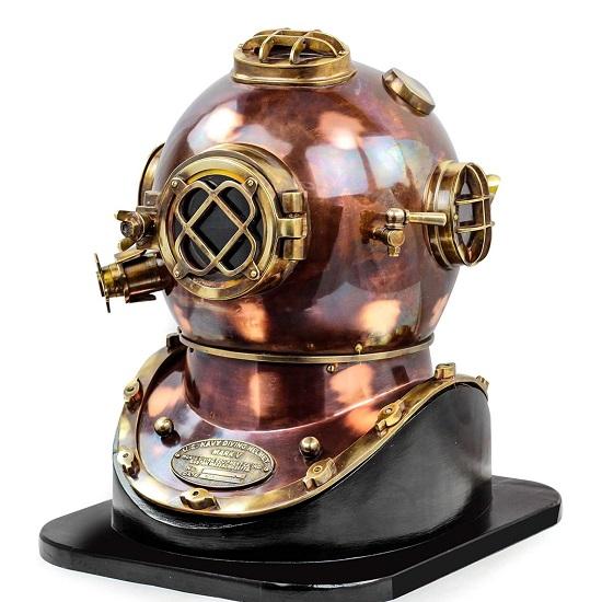 45.72 Cm  Brass Steel Diver's Helmet Nautical Scuba Diving Replica with Wooden Base Marine Decor Collectible