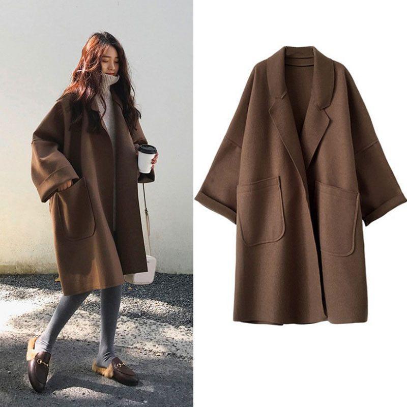 Autumn and Winter Plus Size Women's Woolen Coat Women's Korean Version Loose Medium Long Windbreaker Thick Coat