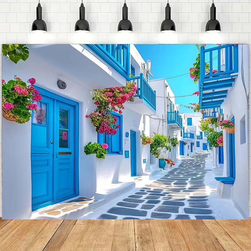 

2D Greek Island Village Tapestry, Bright Blue White Buildings with Blooming Flowers Wall Art 47.2x31.5inch/120*80cm