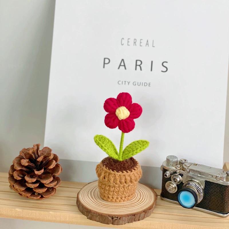 

Handmade Knitted Flower Pot Red Heart Shaped Knit Imitation Potted Plant for Valentine s Day Gifts Home Desktop Decor