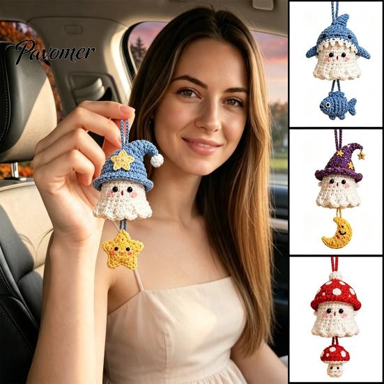 Cute Halloween Bag Charm Handmade Crochet Ghost Keychain, Plush Animal for Bags Portable Keychain Car Keys, Spooky Festive Knitted Ornament