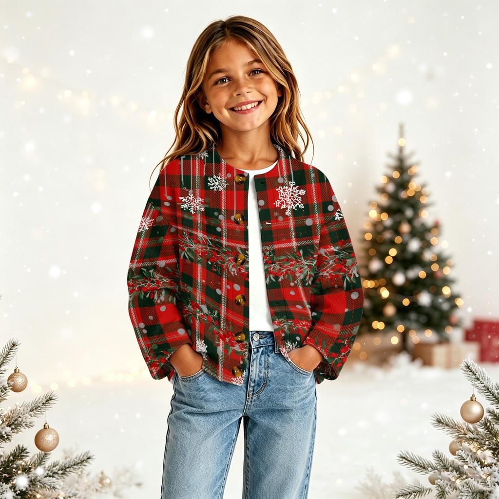 Modischer Cardigan mit Knöpfen und Weihnachtsdruck für Mädchen, für Feiertagsoutfits und den täglichen Gebrauch