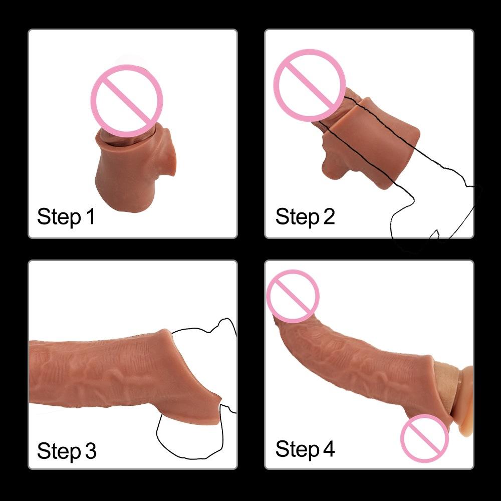 Men's Soft Rubber Exotic Condom Simulation Penis Crystal Set TPE Sex Toys Sex Product Long and Thick Penis Ring