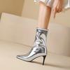 Autumn and winter gold silver bright patent leather pointed super fine heel elastic thin boots medium boots