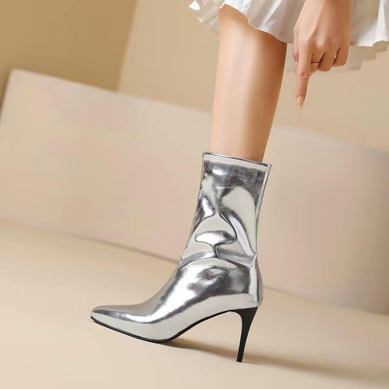 Autumn and winter gold silver bright patent leather pointed super fine heel elastic thin boots medium boots