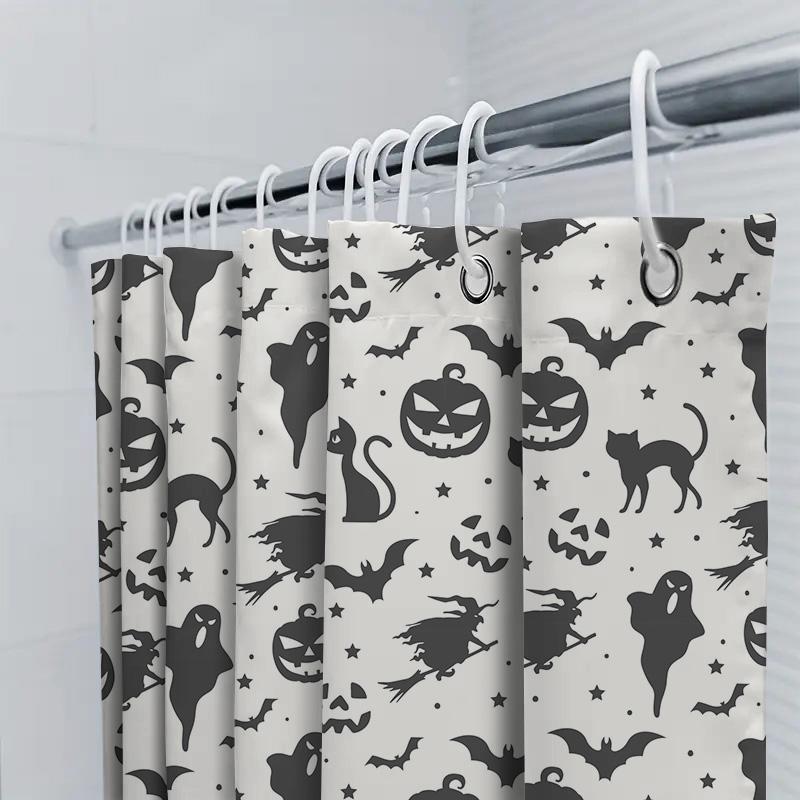 Halloween Dekor Duschvorhang Set Schwarz und Weiß Hexe Katze Kürbis Geister Fledermäuse Halloween Muster Polyester Wasserdicht Waschbar