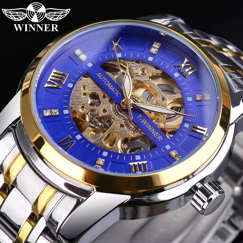 WINNER Orologi Meccanici Classici Lusso Quadrante con Diamanti Scheletro Nero Oro Automatico Orologio da Uomo Cinturino in Acciaio Inossidabile Orologio da Polso