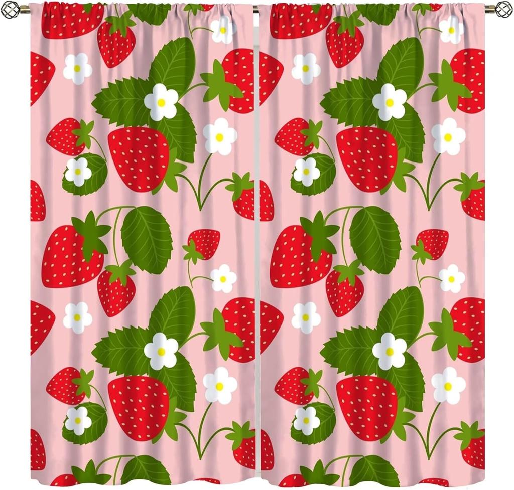 Fruit Window Curtains,Pink Cute Strawberry Green Leaves Flower Retro Art Print Window Drapes for Kids Girls Bedroom Living Room