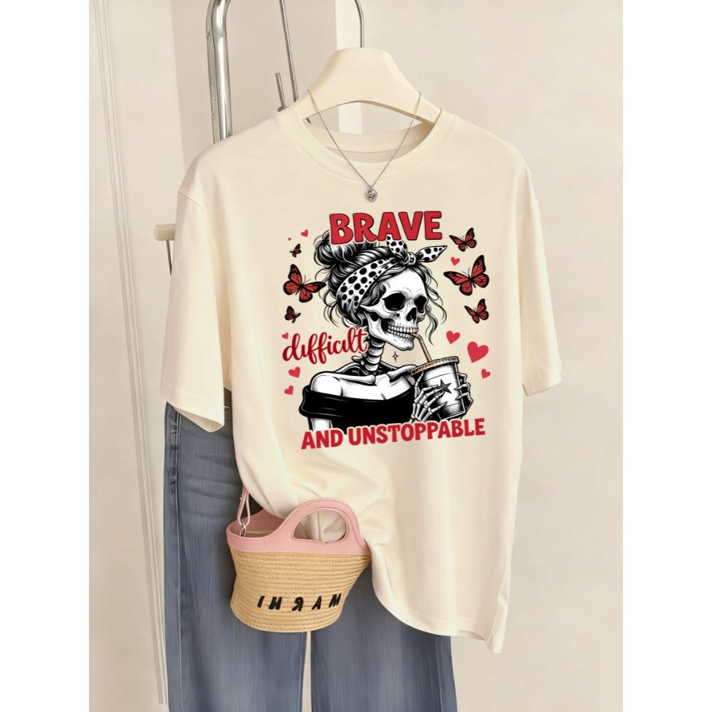 

Brave Difficult Drinks Butterfly Skulls Print Womens T Shirt Casual Soft T-Shirts Breathable Summer Streetwear Y2K Top S