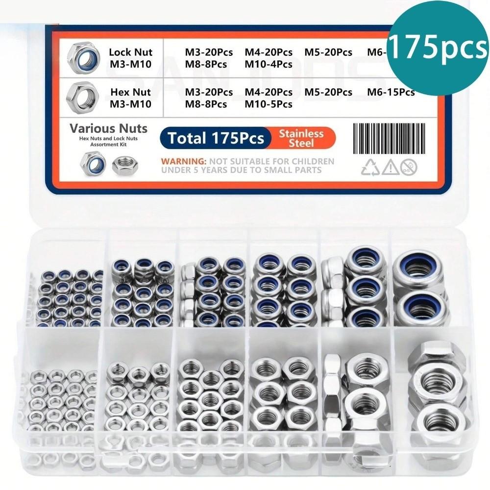 175PCS Stainless Steel Locknuts Nylon Insert Lock Metric Nuts Hardware Set Hex Nuts DIY Projects
