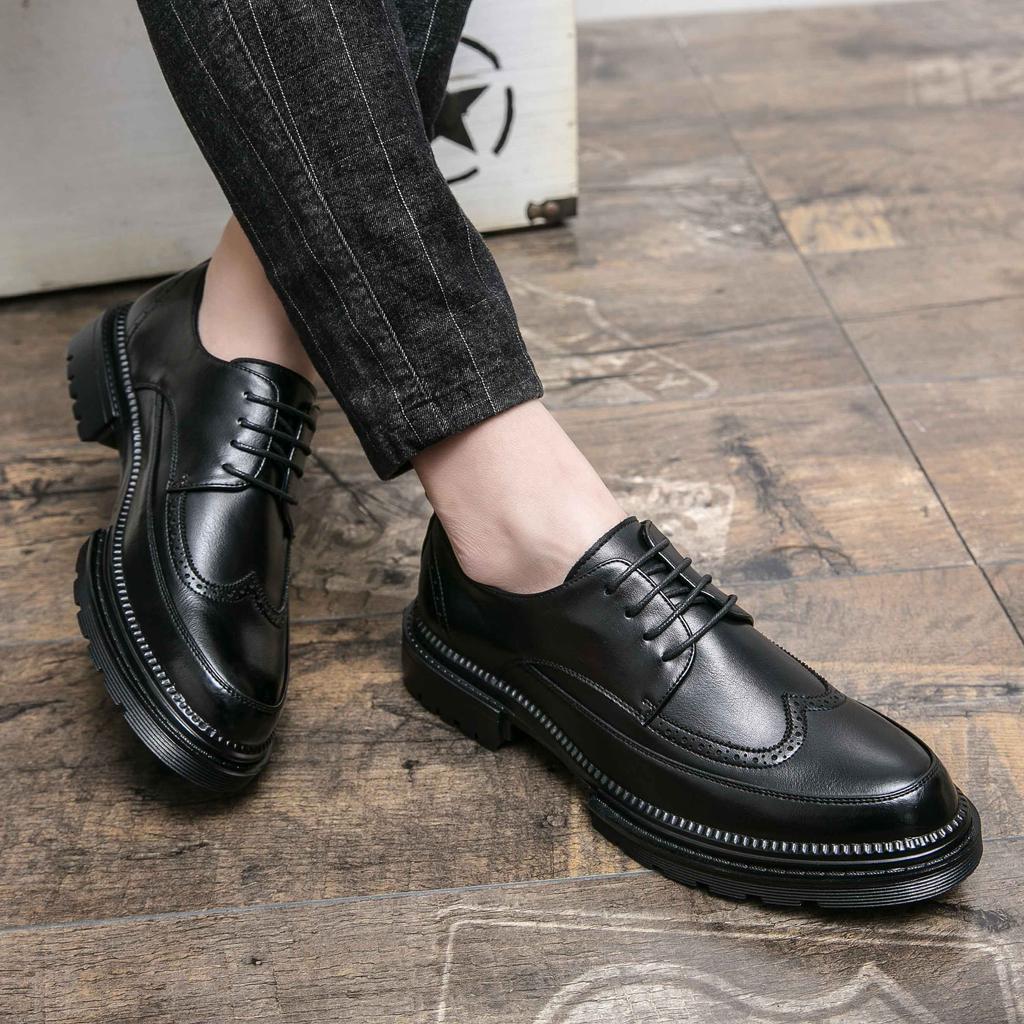 New Brock engraved casual leather shoes for men genuine leather business formal wear British thick-soled height-increasing style