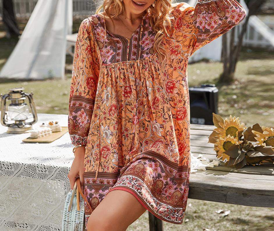 Bohemian Long Sleeve V-Neck Lace-Up Printed Dress for Spring