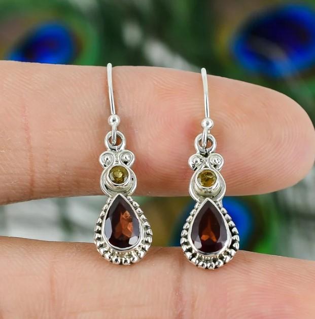 Natural Garnet & Citrine Earrings ,925 Sterling Silver Earrings , Handmade Silver Earrings ,Two Gemstone ,Teardrop Dangle Silver Earring,
