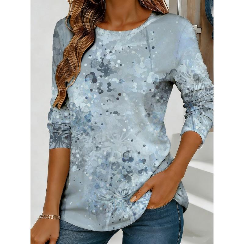 Women's Abstract Watercolor Print Long-sleeved Loose Round Neck Top, Casual Everyday Street Style with Elegant Design.