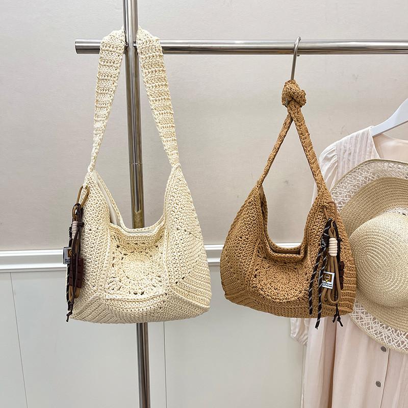 Cotton Rope Tote Bag With Hollow Splicing For Casual Day Use