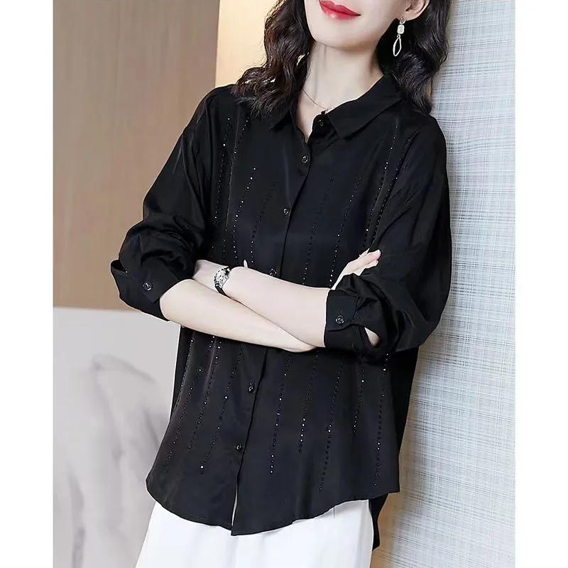 WTEMPO Black High End Shirts Women Spring Summer Stylish Long Sleeve Loose Large Size Turn-down Collar Button Tops