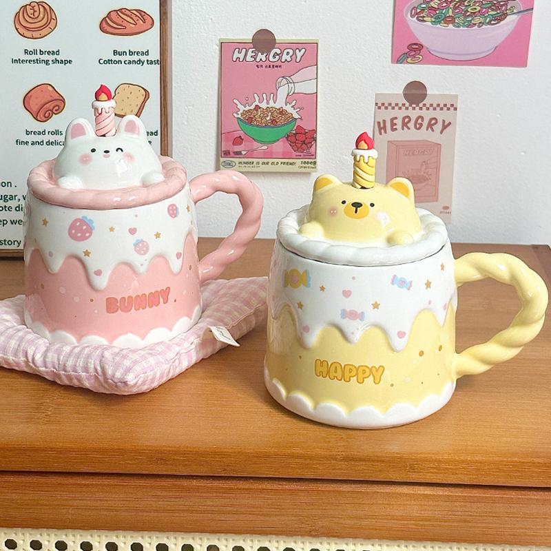 Cartoon Ceramic Mug With Lid Cake Milk Mugs Coffee Cups Tea Water Cup Birthday Christmas Gifts For Friends Drinkware