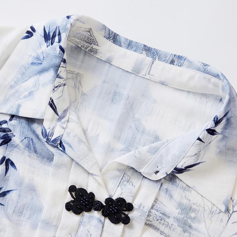 New Chinese Style Printed Tie-Waist Lapel Shirt Dress