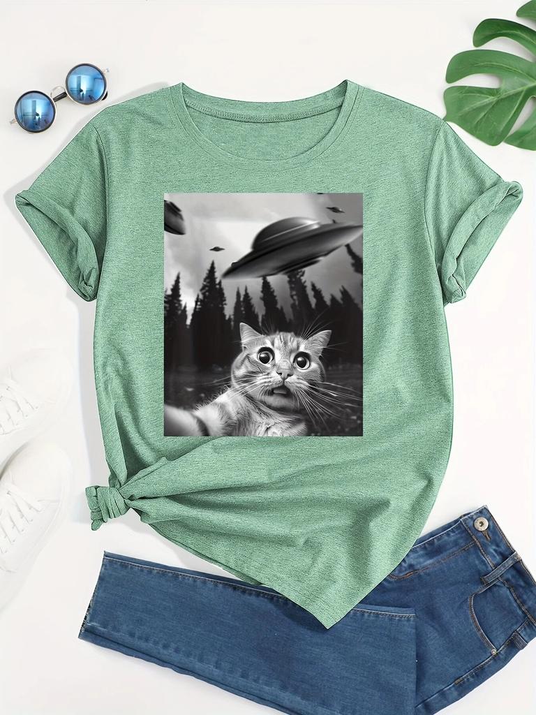 Tričko s potiskem Cat & UFO Crew Neck, Ležérní Tričko s krátkým rukávem na jaro a léto, WoUnisex Oblečení Unisex
