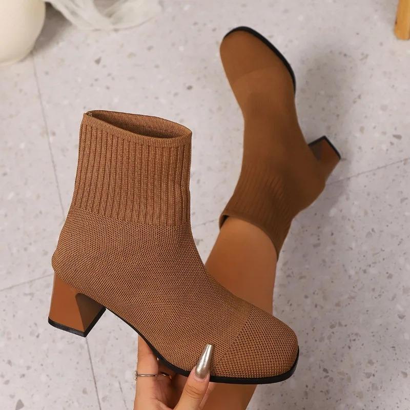 

Fashion White Flying Weaver 2025 New High Heel Booties Fashion Block Heel Knit Stretchy Sock Boots 36 коричневый